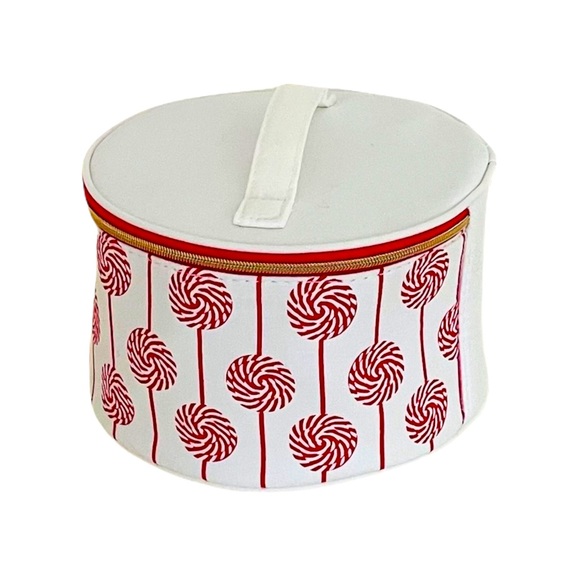 NEW Clarins Cosmetic Case — Round w/ Striped Candy Design & Red Interior NWOT - Picture 2 of 8